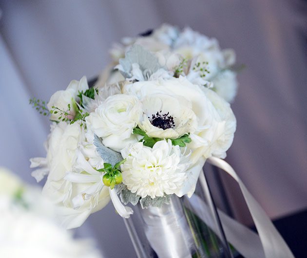White wedding bouquet with ribbon