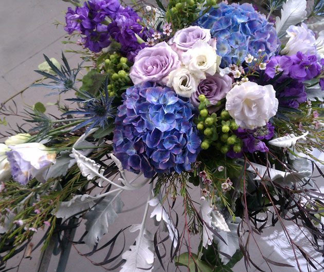 Lavender roses and blue hydrangea bouquet