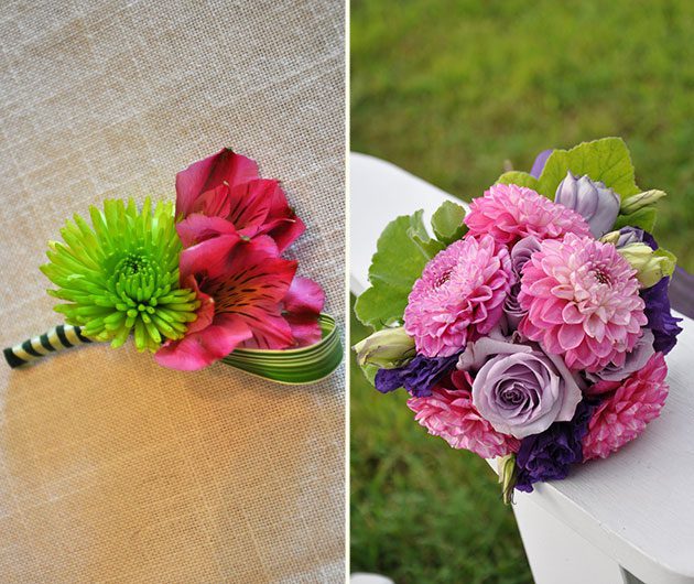 Pink and green wedding boutonniere and bouquet