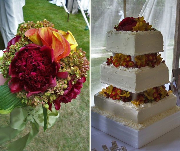 Bridal bouquet and three-tiered wedding cake