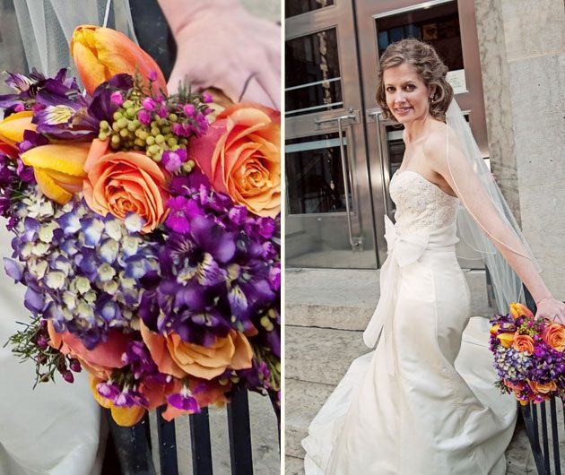 Bride holding orange and purple floral bouquet