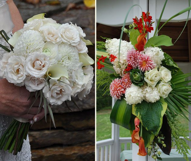Two bouquets: white bridal and colorful arrangement