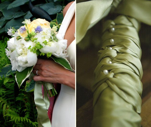 Bride bouquet with pearl-embellished green ribbon