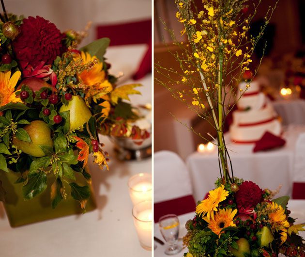 Tall autumn floral table centerpiece with fruit
