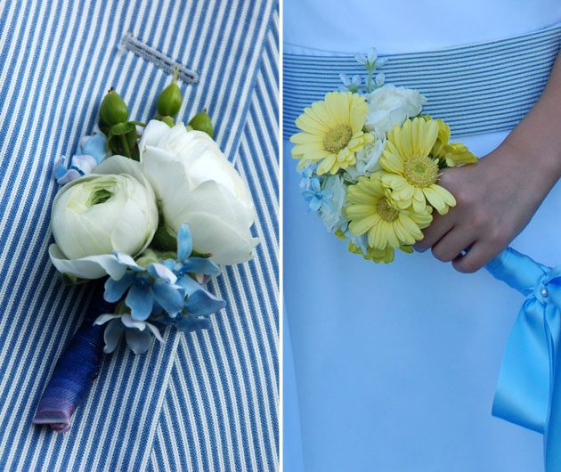White boutonniere and yellow bouquet with blue ribbon