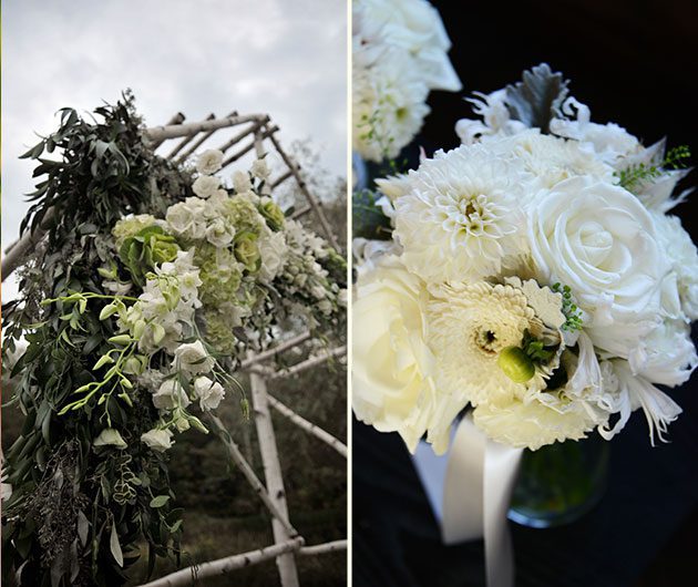 White wedding floral arch and bouquet