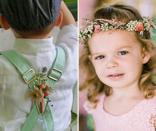 Girl with floral crown and boy with suspenders