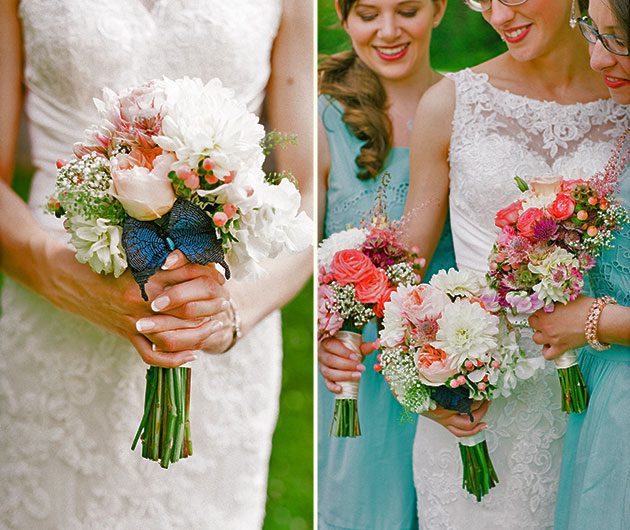 Bride and bridesmaids holding colorful bouquets