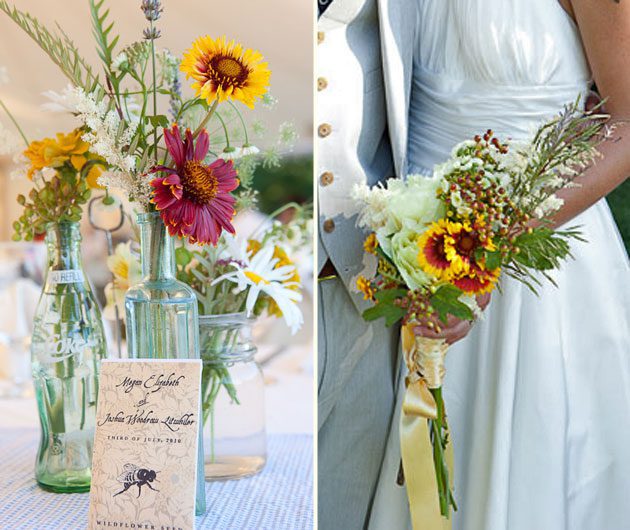 Bride with rustic wildflower bouquet and vases