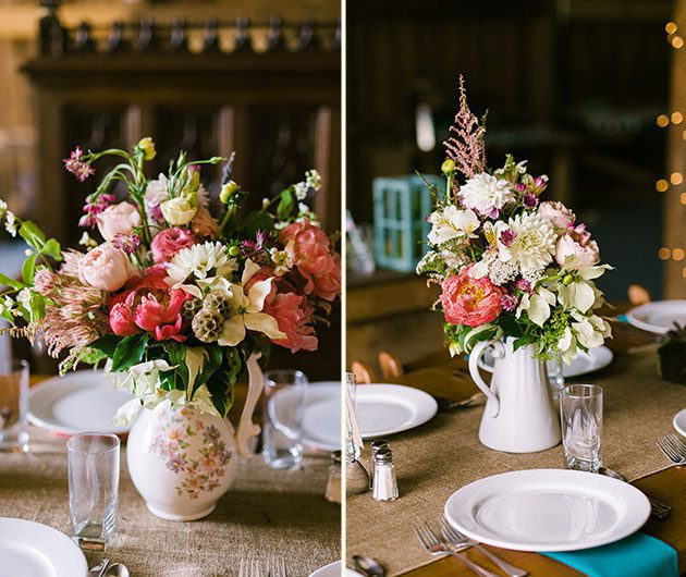 Two floral centerpieces in vintage pitchers