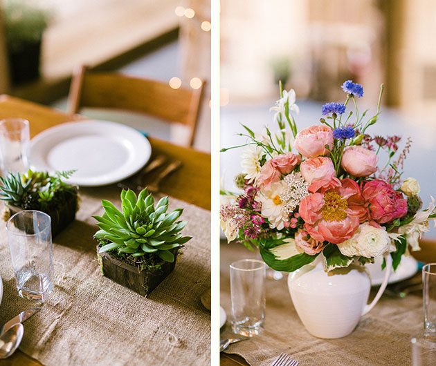 Rustic tablescape with succulents and pink bouquet