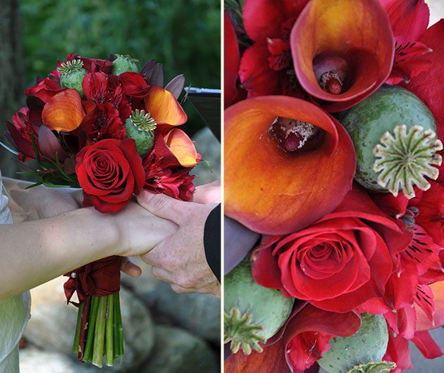 Bridal bouquet of red roses and calla lilies