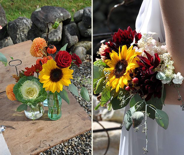 Sunflower bridal bouquet with red blooms