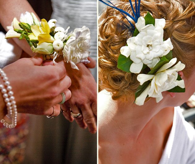 White gardenia hair flowers and wrist corsage