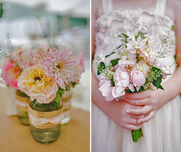 Pastel floral centerpieces and handheld bouquet