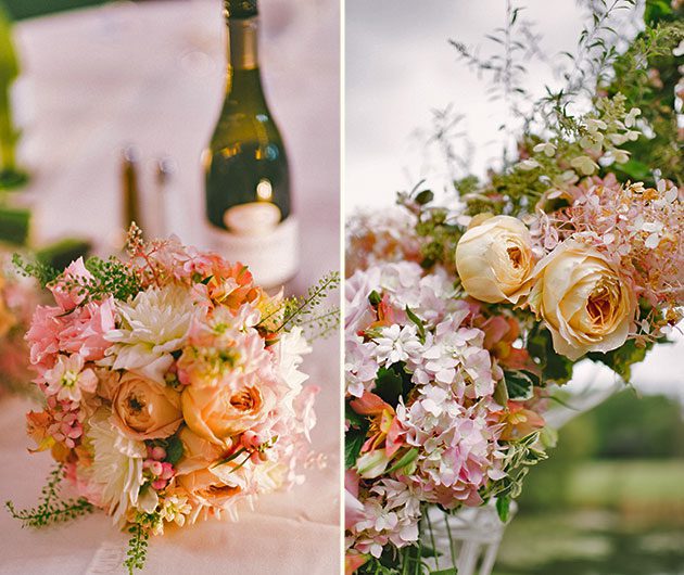 Peach pink rose and hydrangea bouquet