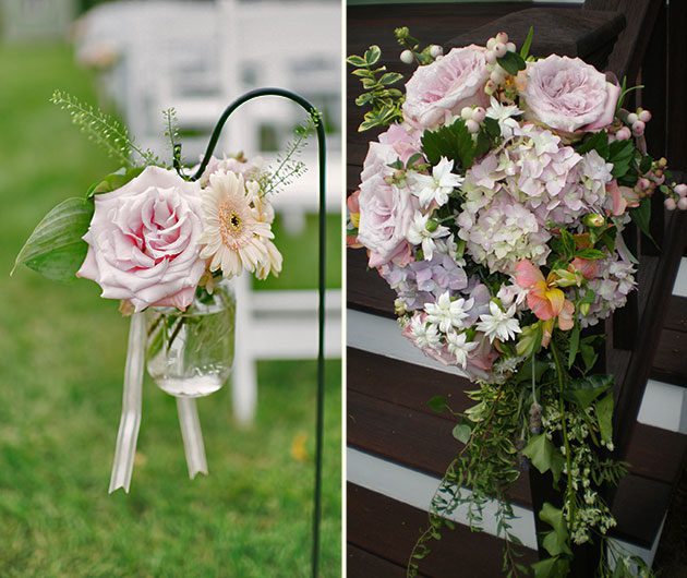 Pink rose and hydrangea wedding aisle arrangements