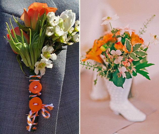 Orange boutonniere and boot bouquet