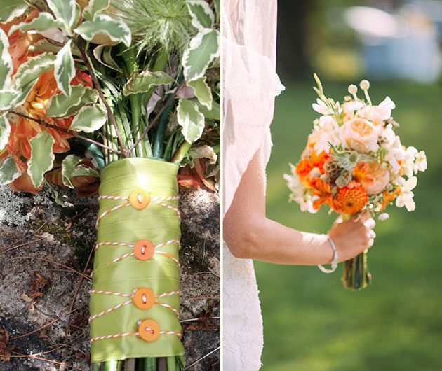 Bride holding peach and orange wedding bouquet
