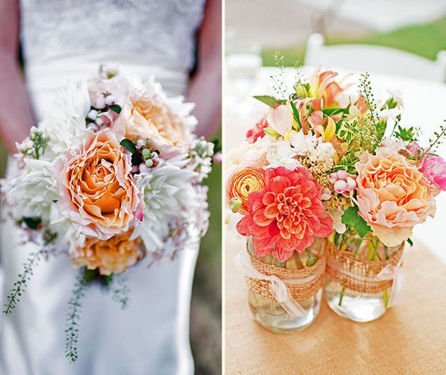 Peach and coral wedding bouquets in jars