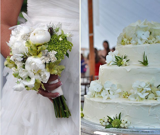 Bride holding bouquet beside floral wedding cake